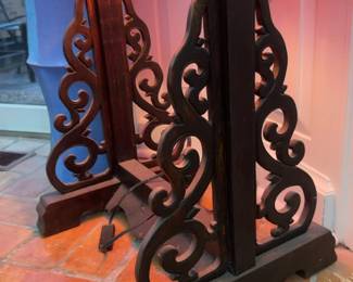 77” Asian Torii-Style Floor Lamp with Two Fabric Shades (Red & Blue)