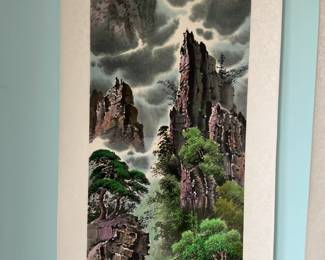 ‘Spring’ (16” x 65”) Original Asian Landscape Scroll Painting on Silk with Mountains and Pine Trees