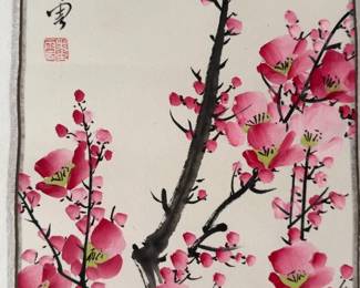 ‘Pink Plum Blossoms‘ (11.5” x 34”) Original Asian Landscape Scroll Painting on Silk