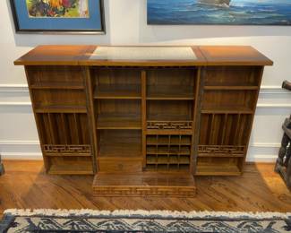 One-of-a-kind- Custom-Handmade Solid Elm Wood “Prosperity & Longevity” Beijing China Mid-Century Modern Chinoiserie Dresser by Michael Taylor for Baker Furniture - Expandable Solid Wood Bar Cabinet with Wine Storage - 19” deep x 49” tall x 35” (closed) / 70” (open) wide
