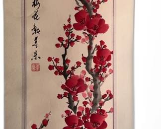 Red Plum Blossoms 9.5 x 34 Original Asian Landscape Scroll Painting on Silk