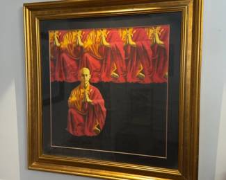 Original Framed Painting of Buddhist Monks in Saffron Robes (43” x 43”)