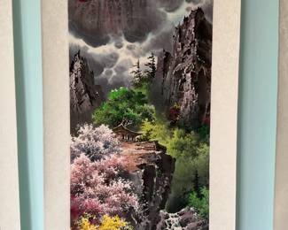 ‘Summer’ (16” x 65”) Original Asian Landscape Scroll Painting on Silk with Mountains and Pine Trees