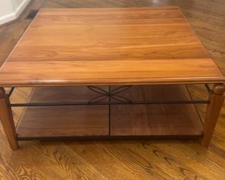(Solid Teak w/ Wrought Iron) Custom One-of-a-kind Matching Coffee Table with Lower Shelf, from Côte d'Ivoire SODEFOR Plantation (43” x 17”), Mid-Late 20th Century