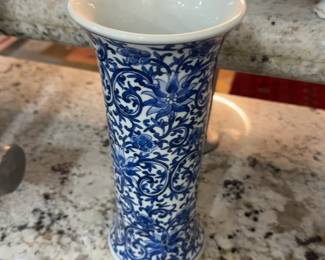 10” Blue and White Floral Pattern Porcelain Cylinder Vase