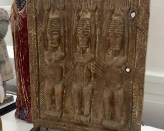 20” Hand-Carved West African Wooden Relief Panel with Three Figures on Stand - Mid-Late 20th Century