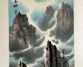 ‘Spring’ (16” x 65”) Original Asian Landscape Scroll Painting on Silk with Mountains and Pine Trees