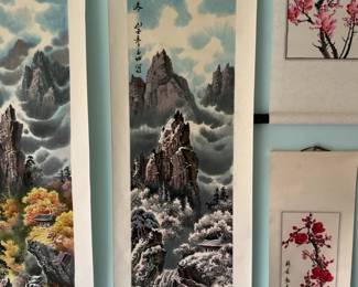 ‘Winter’ (16” x 65”) Original Asian Landscape Silk Scroll Painting with Mountains and Pine Trees