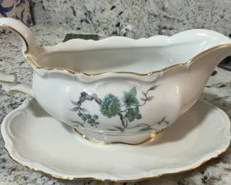 Mitterteich Porcelain Gravy Boat with Attached Underplate - Green Floral Design with Gold Trim from Bavaria, Germany