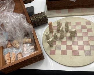 Round (small) Hand-Carved Soapstone Chess Set with Wood Storage Box