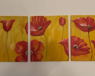 (24” x 20” each) Red Poppy Triptych Original Painting on Canvas - 3 Piece Wall Art Set