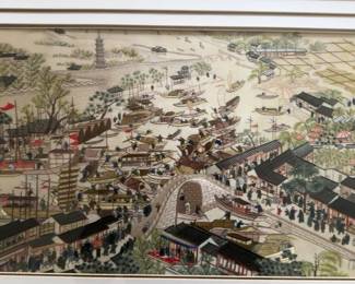 Framed Hand-Embroidered Chinese Panoramic Village Scene (50” x 21”)