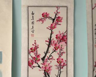 ‘Pink Plum Blossoms‘ (11.5” x 34”) Original Asian Landscape Scroll Painting on Silk