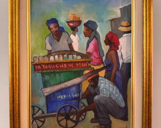 Original Framed Haitian Street Scene Painting - Signed Issartel '04 (16” x 20”) NOTE: Frame is chipped 