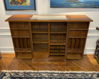 One of a kind- Custom Handmade “Prosperity & Longevity” Chinese Mid-Century Modern Chinoiserie Dresser by Michael Taylor for Baker Furniture - Expandable Solid Wood Bar Cabinet with Wine Storage - 19” deep x 49” tall x 35” (closed) / 70” (open) wide