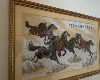 “Eight Horses Galloping” Prosperity & Momentum - Professionally Framed Original Chinese Needlepoint Artwork (29” x 18”)