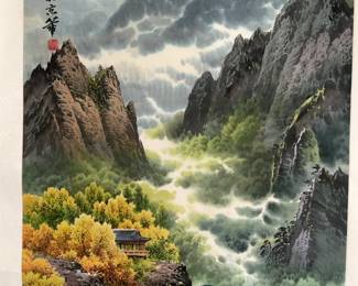(29” x 74”) East Asian Mountain Landscape Print with Calligraphy on Silk Scroll