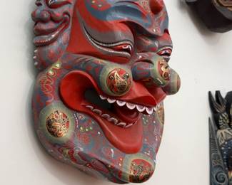 16” Chinese Laughing Buddha Festival Mask, Polychrome Wood