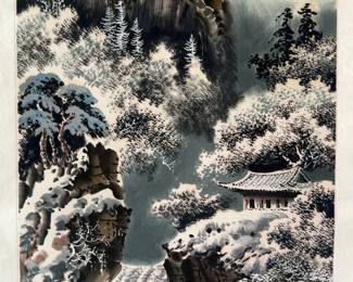‘Winter’ (16” x 65”) Original Asian Landscape Silk Scroll Painting with Mountains and Pine Trees
