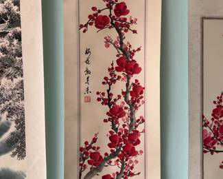 ‘Red Plum Blossoms‘ (9.5” x 34”) Original Asian Landscape Scroll Painting on Silk