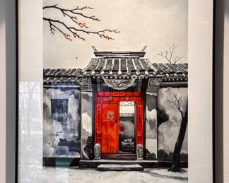 Framed Chinese Red Door Limited Edition Print (47/50) by Jid Yudnhud 2017 - 21.5” x 26.5” (note: glass is chipped in corner of frame)