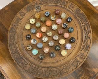 Hand-Carved Wooden Solitaire Board Game with 37 Polished Gemstone Marbles