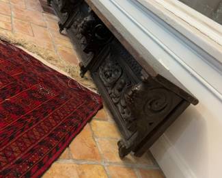 64.5” Antique Carved Dark Wood Architectural Frieze Mantel