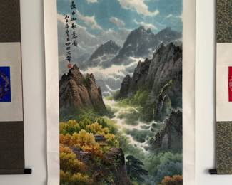 (29” x 74”) Original East Asian Mountain Landscape Painting with Calligraphy on Silk Scroll