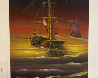 20” x 24” Original Painting by Désamour Morose, 2004. Haitian Art Painting: Night Seascape with Fishing Boats