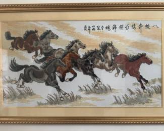 “Eight Horses Galloping” Prosperity & Momentum - Professionally Framed Original Chinese Needlepoint Artwork (29” x 18”)