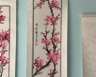 ‘Pink Plum Blossoms‘ (9.5” x 34”) Original Asian Landscape Scroll Painting on Silk
