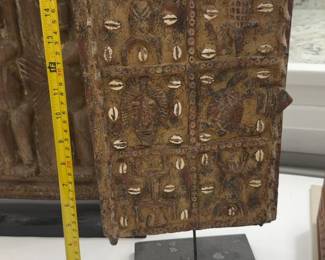 16” African Wooden Stone Panel with Cowrie Shells - Tribal Wall Art