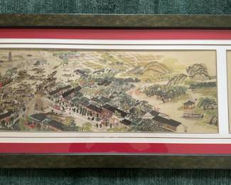 Framed Hand-Embroidered Chinese Panoramic Village Scene (50” x 21”)