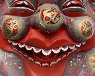 16” Chinese Laughing Buddha Festival Mask, Polychrome Wood