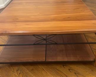 (Solid Teak w/ Wrought Iron) Custom One-of-a-kind Matching Coffee Table with Lower Shelf, from Côte d'Ivoire SODEFOR Plantation (43” x 17”), Mid-Late 20th Century