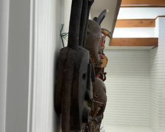 West African Ritual Mask - 26” Mali Bamana (Bambara) Tribal Mask with Three Prongs & Cowrie Shells, Mid-Century