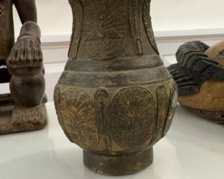 5” Bronze votive / ceremonial vase sometimes used for incense, offerings or oil - Peacock Relief Decorative Vase