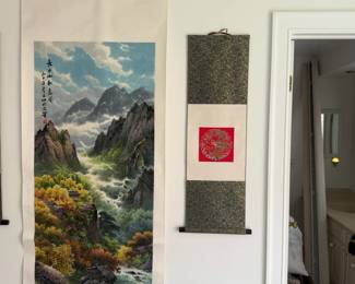 (12” x 39”) Asian Hanging Scroll with Embroidered Red Dragon Medallion