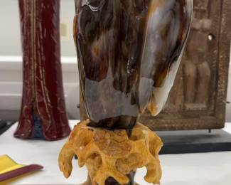 15” Polished Natural Agate Eagle Sculpture on Wooden Display Stand