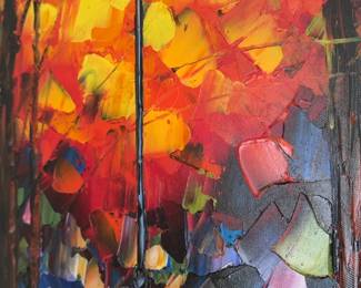 Vibrant Palette Knife Oil Painting - Rainy Night Park Walkway (47” x 24”)