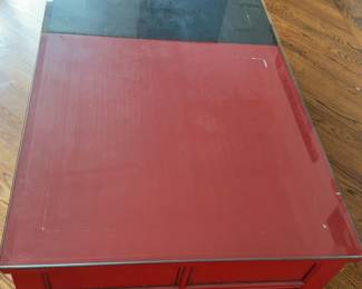 Set of 2 Asian Style Black and Red Lacquer Low Tables with Drawers and Glass Top (63” x 31” x 18”)