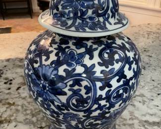 9” Blue and White Floral Ceramic Ginger Jar with Lid