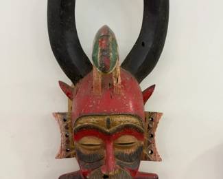 Ceremonial Red Horn Mask from Côte d’Ivoire (Ivory Coast) / Burkina Faso - 24” Mid-20th Century Handmade Tribal Mask
