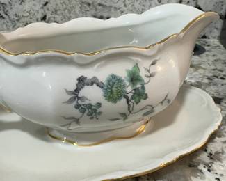 Mitterteich Porcelain Gravy Boat with Attached Underplate - Green Floral Design with Gold Trim from Bavaria, Germany