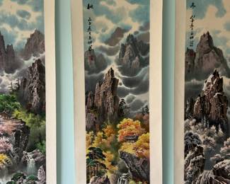 ‘Fall’ (16” x 65”) Original Asian Landscape Scroll Painting on Silk with Mountains and Pine Trees