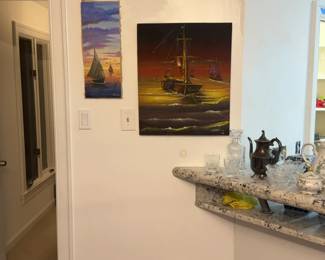 20” x 24” Original Painting by Désamour Morose, 2004. Haitian Art Painting: Night Seascape with Fishing Boats