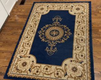 Traditional Navy Blue and Beige Area Rug with Central Medallion 52” x 75”
