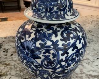 9” Blue and White Floral Ceramic Ginger Jar with Lid