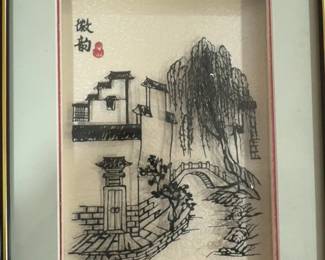Framed Asian Landscape 3D Diorama Art with Willow Tree