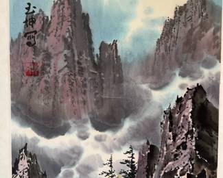 ‘Summer’ (16” x 65”) Original Asian Landscape Scroll Painting on Silk with Mountains and Pine Trees